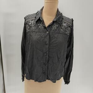 Zara Embroidered Gray/silver Button Down Shirt Size L